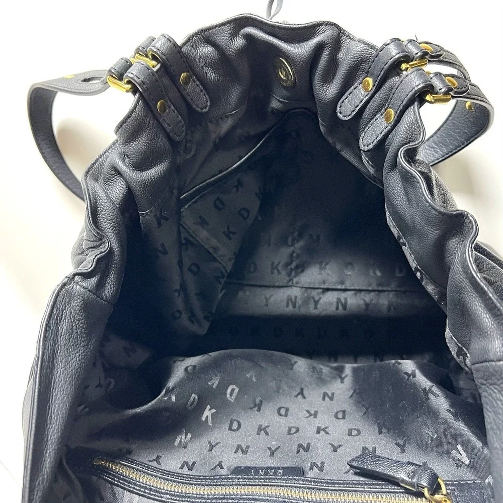 DKNY Karen Large Black‎ Leather Drawstring Shoulder Tote Bag Gold Hardware